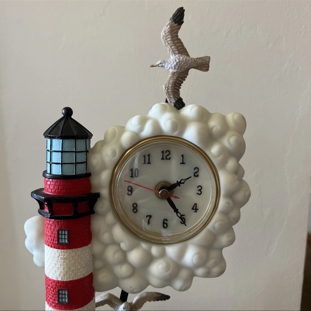 Nautical Red & White Lighthouse Statue Clock w/Flying Seagulls - 12.5” Tall - Picture 2 of 6